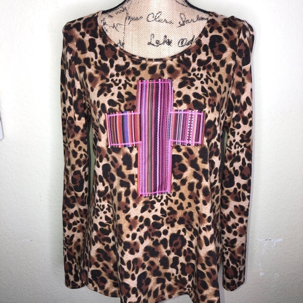 Ivy Jane Leopard Print Brown & Tan Southwestern Style Long Sleeve Top Size M